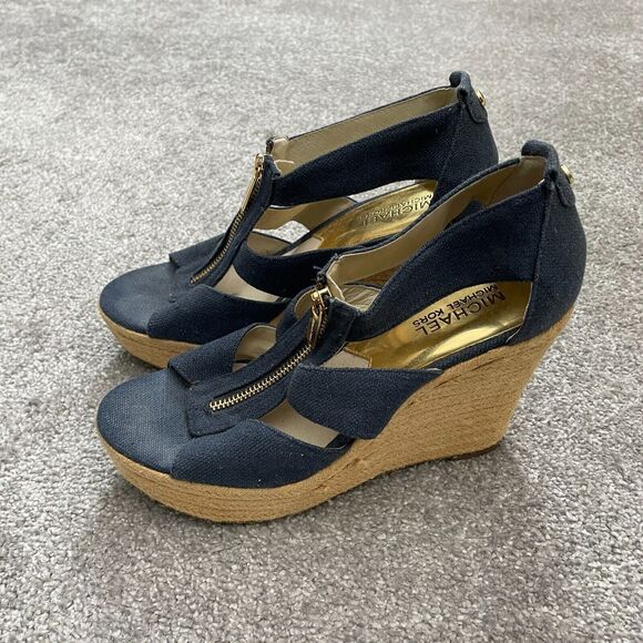 Michael Kors Berkley Canvas Wedge Sandals Womens 7 1/2 Black Brown Espadrille - Picture 3 of 9